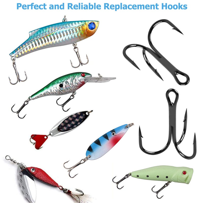 Shaddock Fishing طقم خطاطيف صيد ثلاثية من الفولاذ الكربوني العالي - مجموعة حلقات خطاطيف صيد ثلاثية قوية وحادة للسمك السلمون وسمك الباس وسمك القط - طعوم ومواد طعم للمياه العذبة والمالحة، 110 قطعة، الحجم 4 6 8 10 12 14 - Image 4